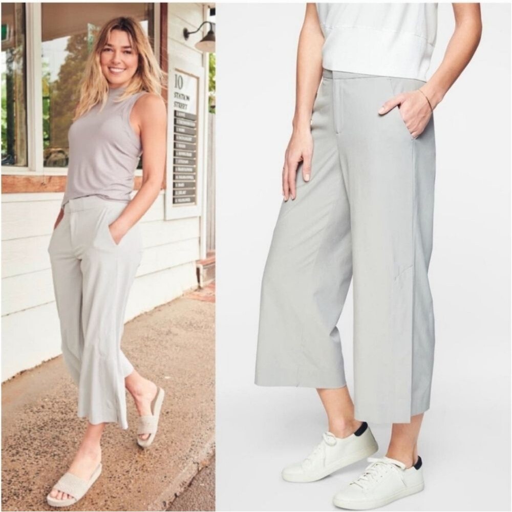 Athleta Tribeca Straight Wide Leg Capri Length Pants Light Grey Size 2